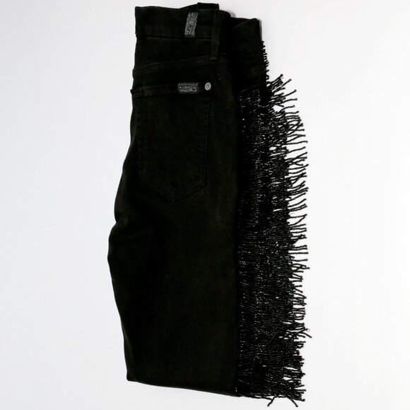 7 for all humankind black ankle skinny jeans with beaded fringe down the leg - Picture 8 of 16